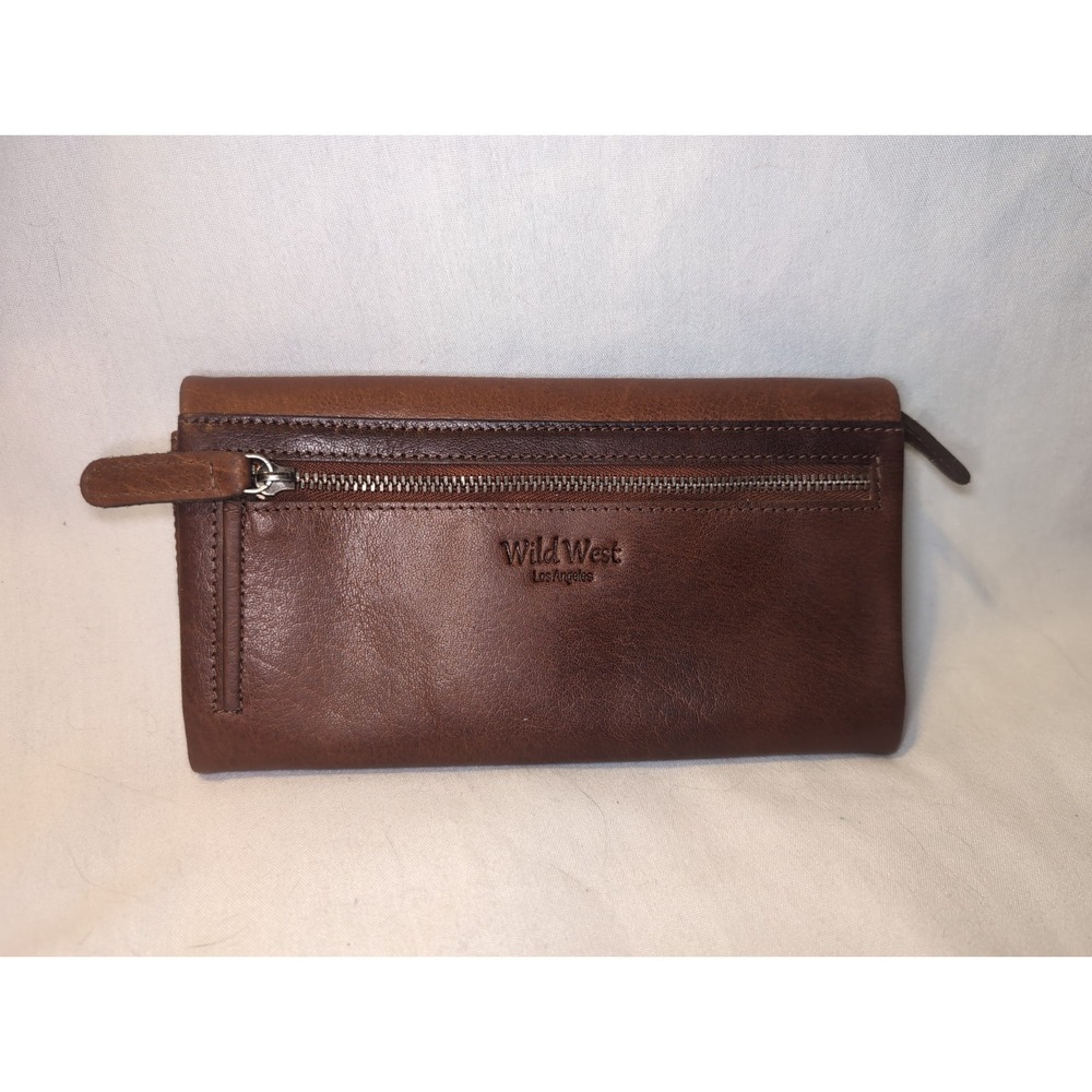 WILD WEST Los Angeles Cognac Chestnut Leather Flap Bifold Wallet Womens